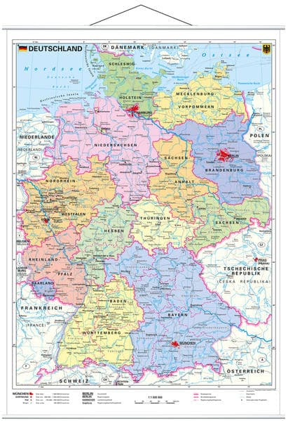 Deutschland, politisch 1 : 1 000 000. Wandkarte Kleinformat mit Metallstäben