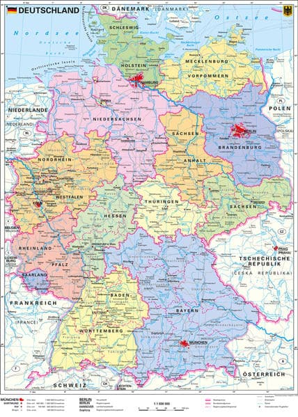 Deutschland, politisch 1 : 1 000 000. Wandkarte Kleinformat ohne Metallstäbe
