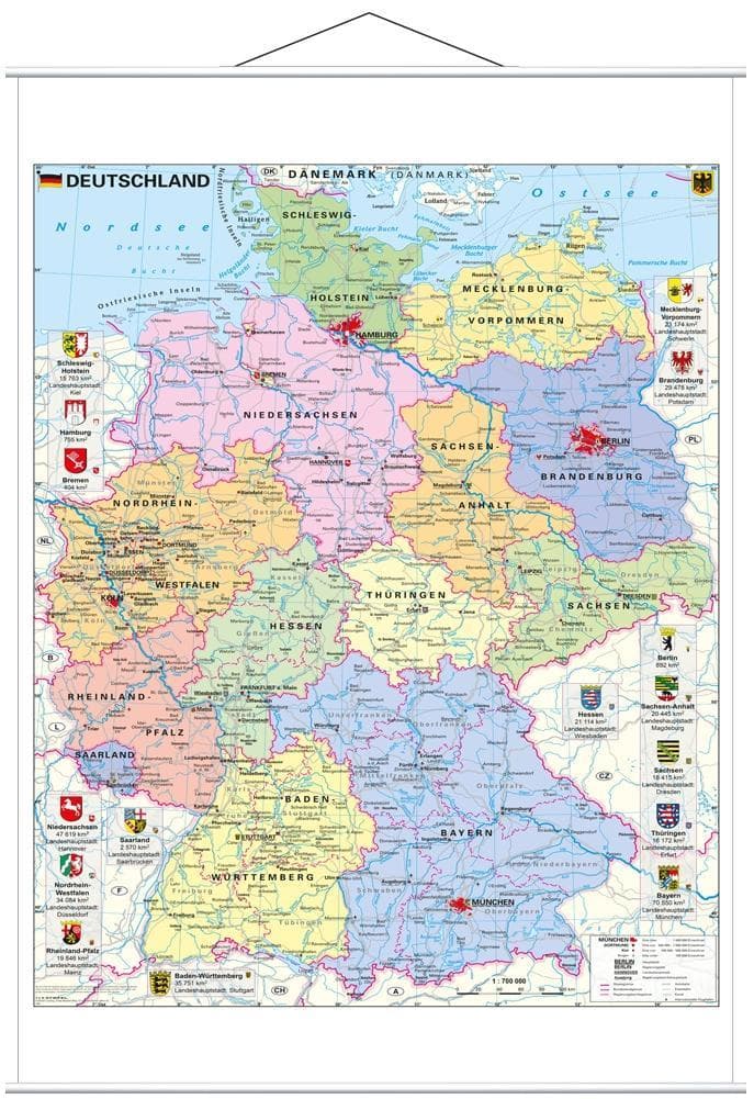 Deutschland politisch mit Wappen 1 : 700.000. Wandkarte mit Metallbeleistung