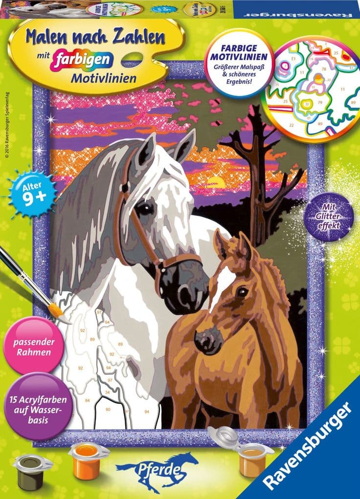 Pferde im Sonnenuntergang. Malen nach Zahlen Serie Pferd