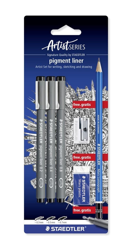 STAEDTLER pigment liner 308 Fineliner, 3er Set (0.3, 0.5, 0.7), 1 Radierer + 1 Spitzer, 308 SBK3P
