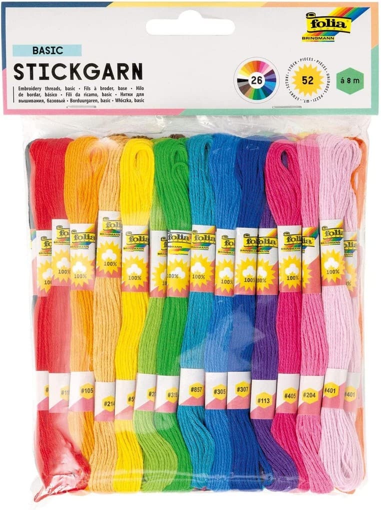 Folia Stickgarn BASIC, 52 Docken je 8m in 26 Farben