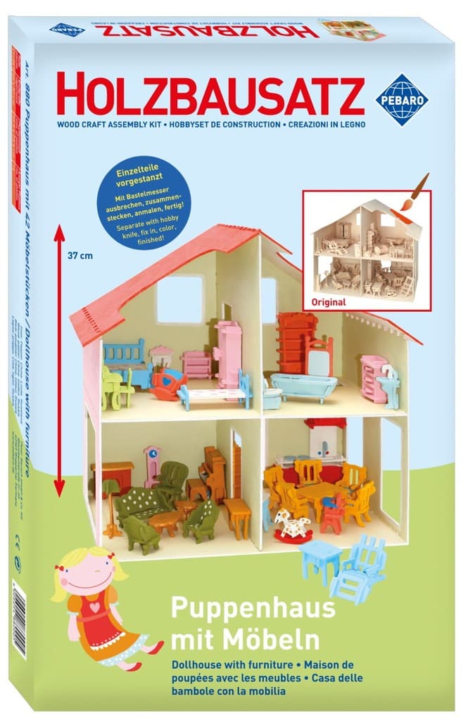 PEBARO 880 - Holzbausatz Puppenhaus mit Möbeln, 11+241 Teile, Holzkonstruktion zum Zusammenstecken