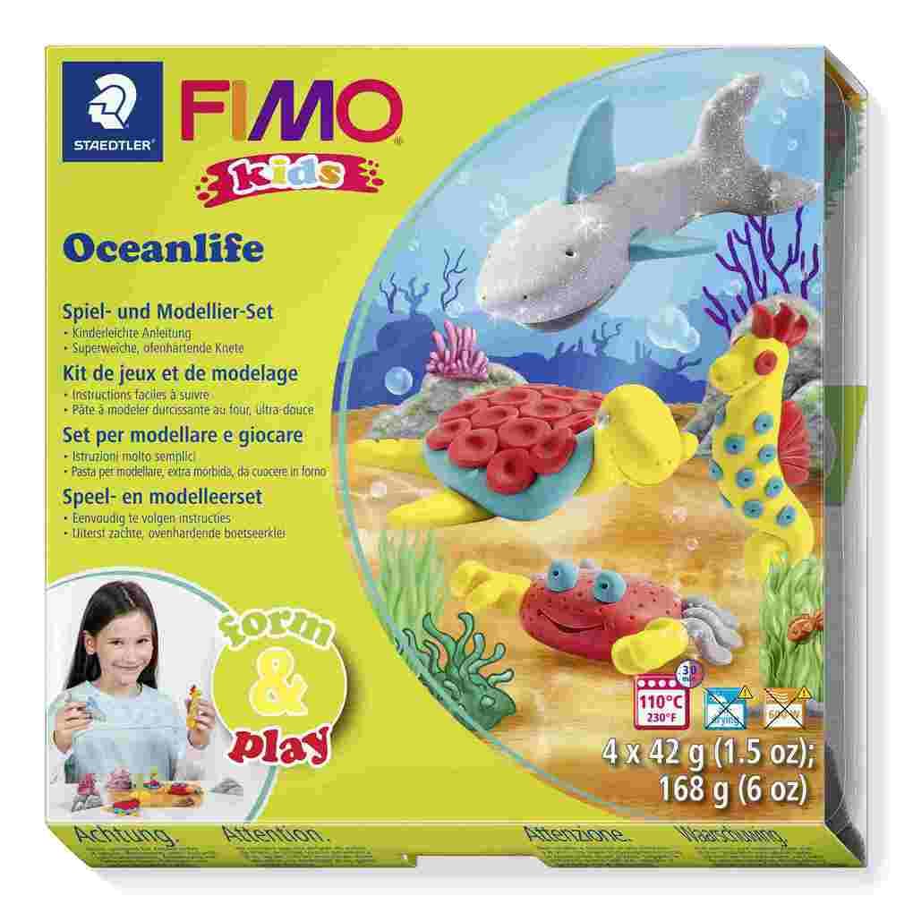 STAEDTLER FIMO kids 8034, ofenhärtende Modelliermasse, Set "Oceanlife" mit 4 Blöcken 42 g, Modellierstab