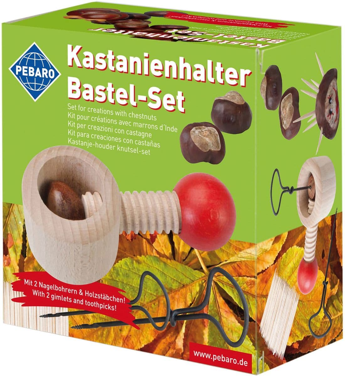 PEBARO Set Kastanienbohrer 3 - Kastanienhalter Bastel-Set mit Halter und Nagelbohrer