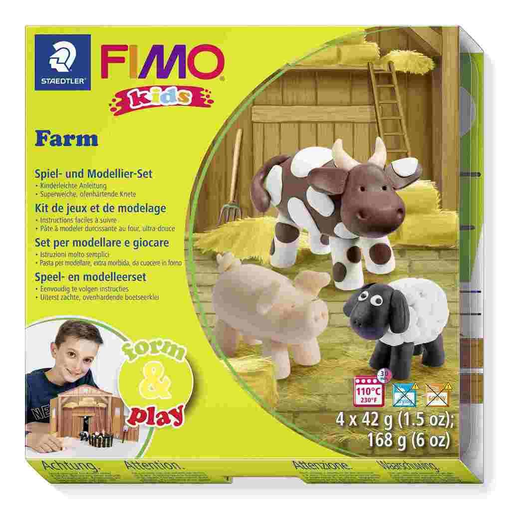 STAEDTLER FIMO kids 8034, ofenhärtende Modelliermasse, Set "Farm" mit 4 Blöcken 42 g, Modellierstab