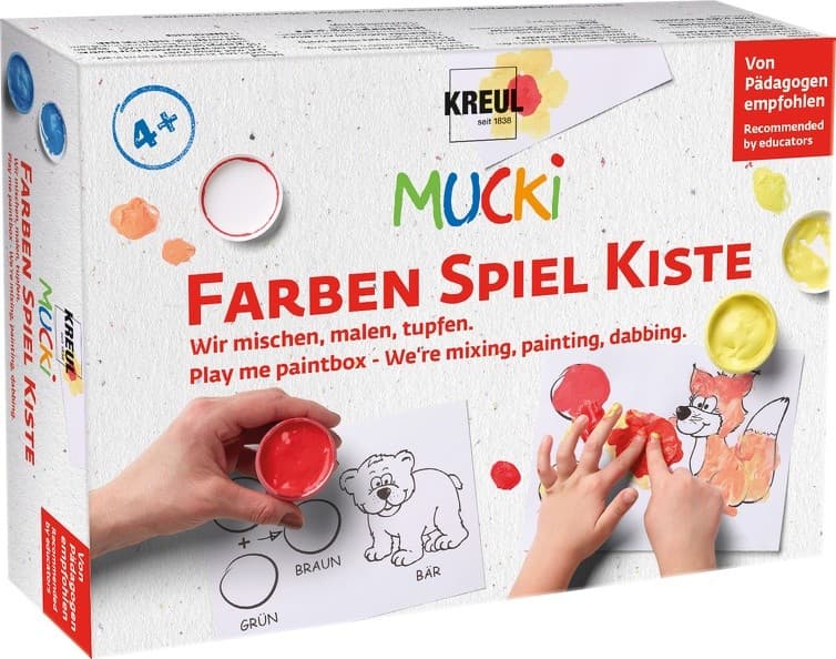 KREUL MUCKI Farben Spiel Kiste, 5 x 50 ml Fingermalfarbe, Wir mischen, malen, tupfen