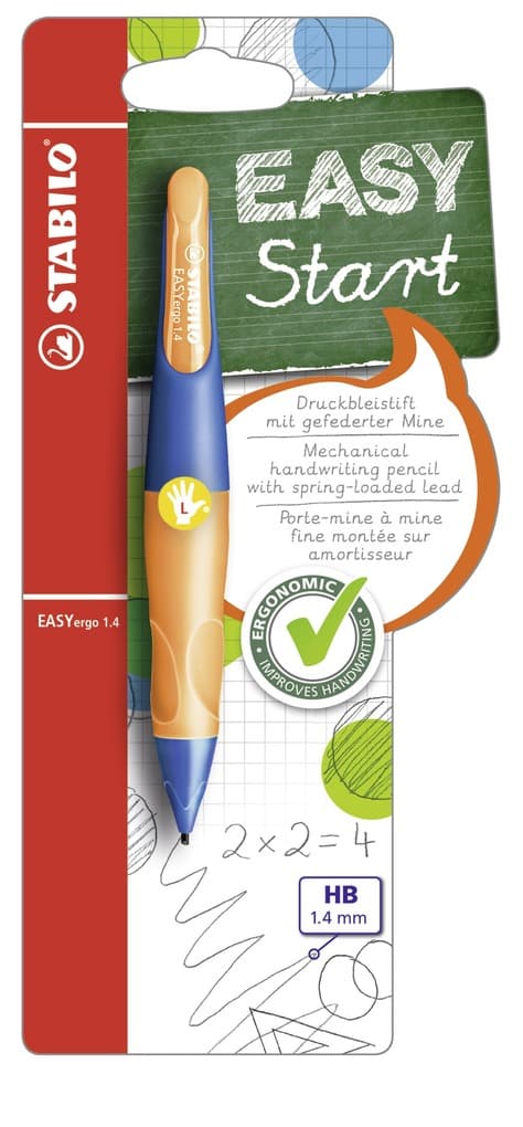 Ergonomischer Druck-Bleistift für Linkshänder - STABILO EASYergo 1.4 in ultramarinblau/neonorange - Einzelstift - inklusive 3 dünner Minen - Härtegrad HB
