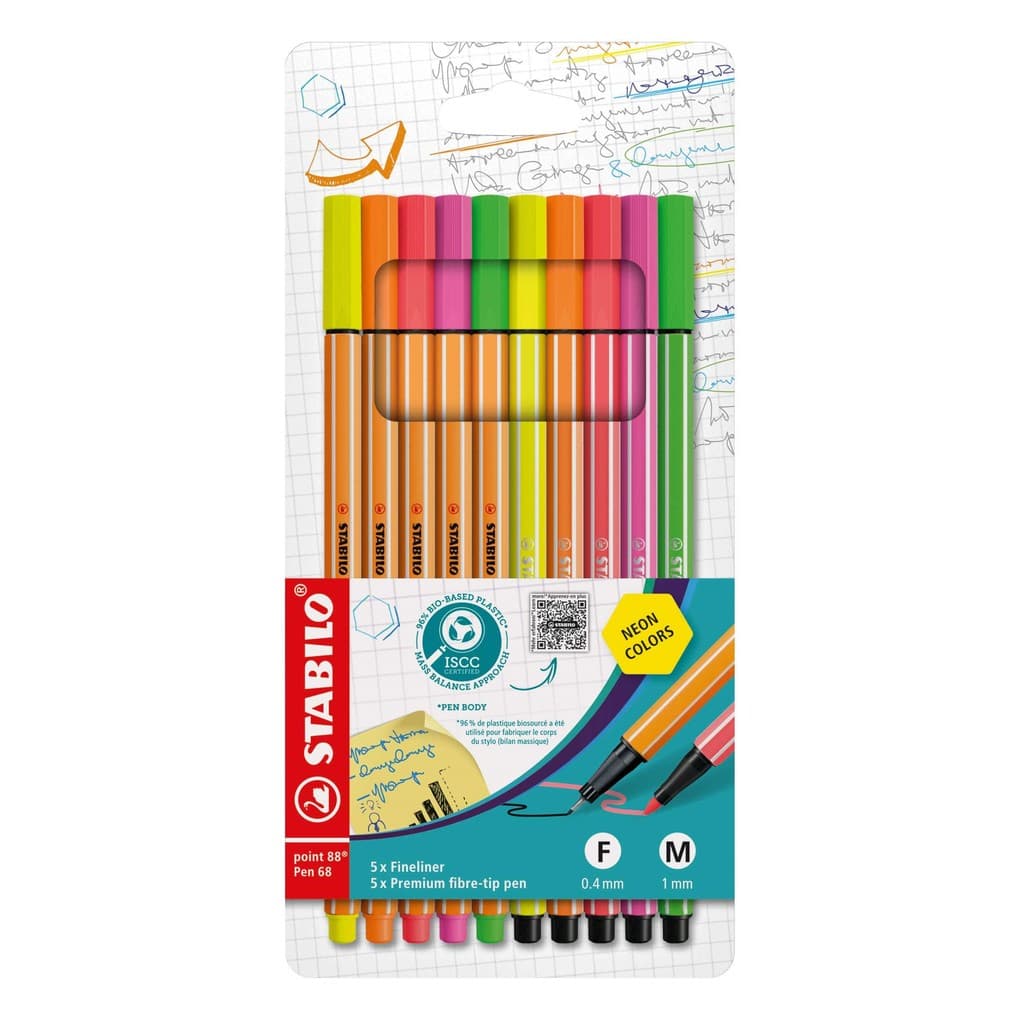 STABILO Fineliner + Filzstift Fineliner & Filzstifte point 88 + Pen 68, 10er Set - Neonfarben