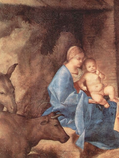 Giorgione - Anbetung der der Drei Heiligen Könige, Detail: Maria mit Christuskind, Ochse und Esel -