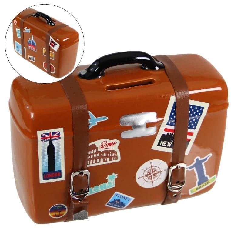 Spardose Reisekoffer aus Polyeresin, farbig sortiert, ca. 15 cm