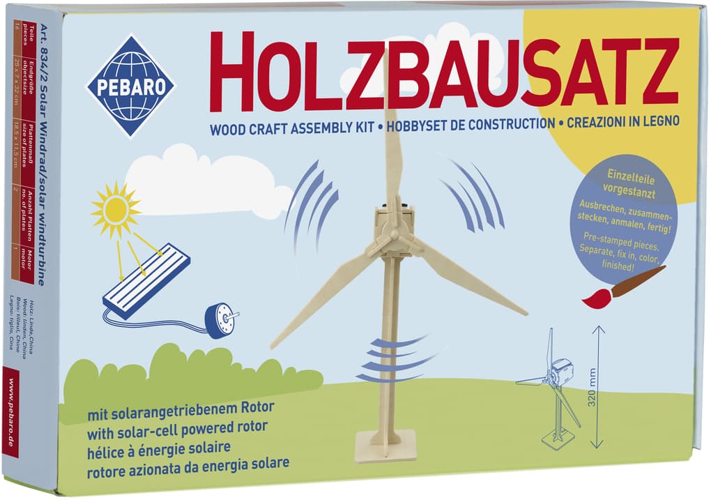 PEBARO 834/2 - Solar Holzbausatz Windrad, 22-teilig, Holzkonstruktion mit solarangetriebenem Propeller