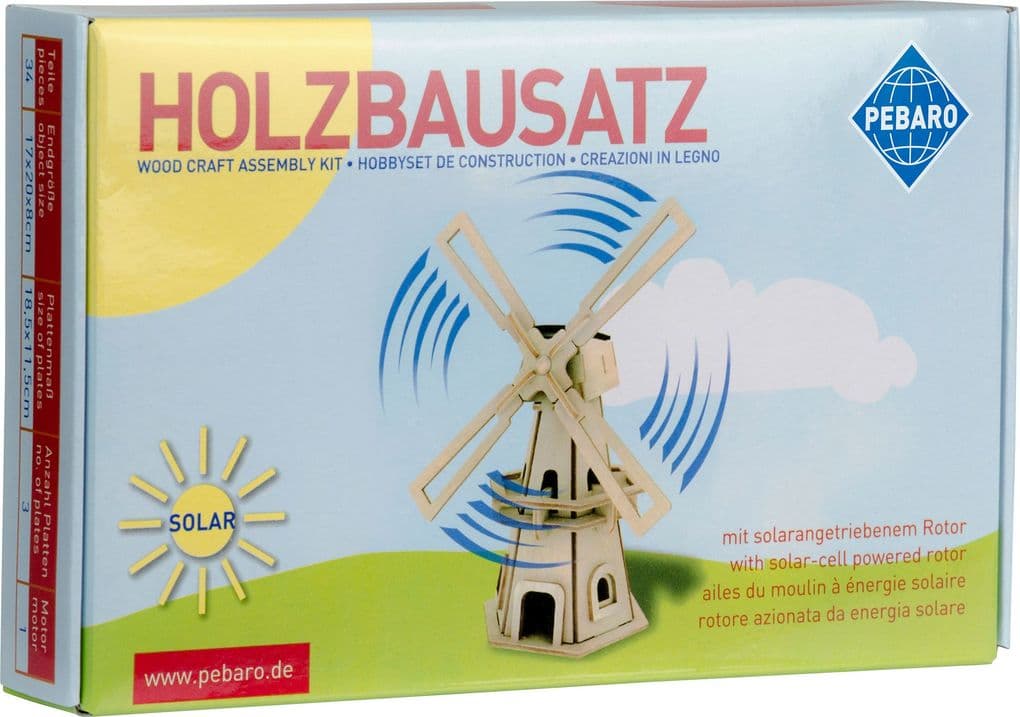 PEBARO 834/1 - Solar Holzbausatz Windmühle, 34-teilig, Holzkonstruktion mit solarangetriebenem Windrad