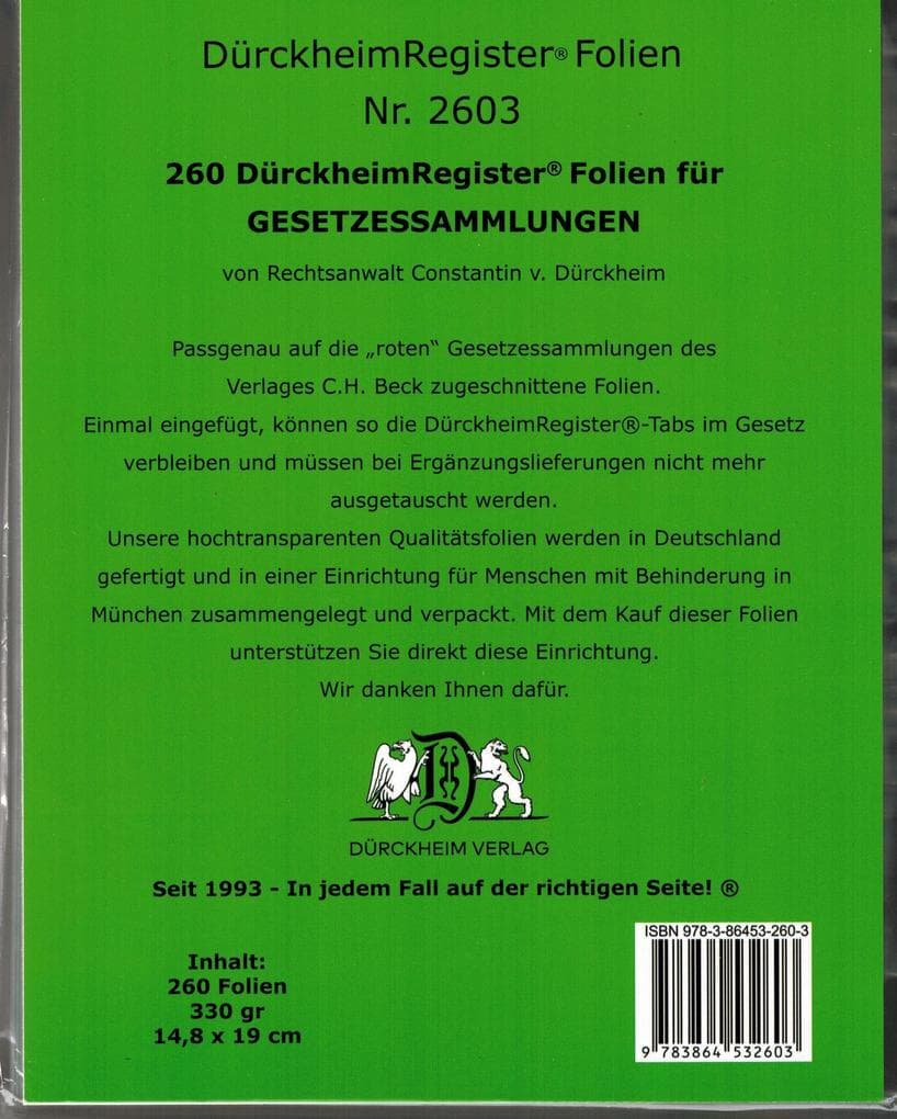 260 DürckheimRegister® -FOLIEN zum Einheften und Unterteilen der Gesetzessammlungen