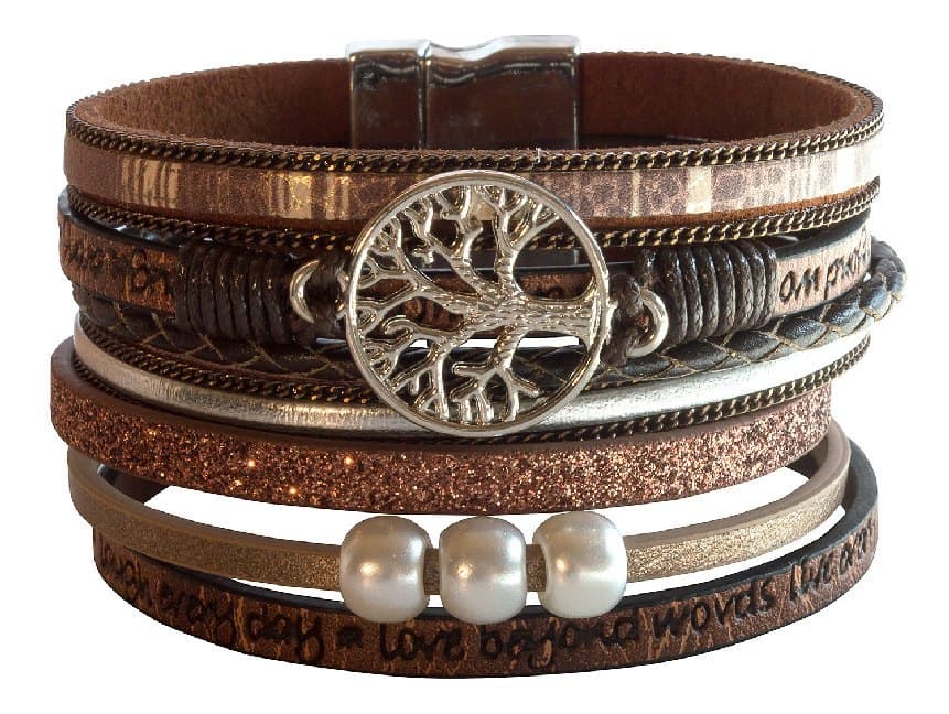 Armband "Baum des Lebens" Kunstleder braun, Metall silberfarben