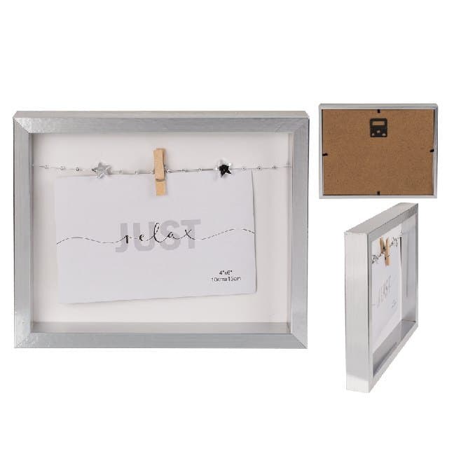 Holzrahmen silberfarben, Wäscheleine mit 1 Mini-Holzklammer, 18 x 22 cm