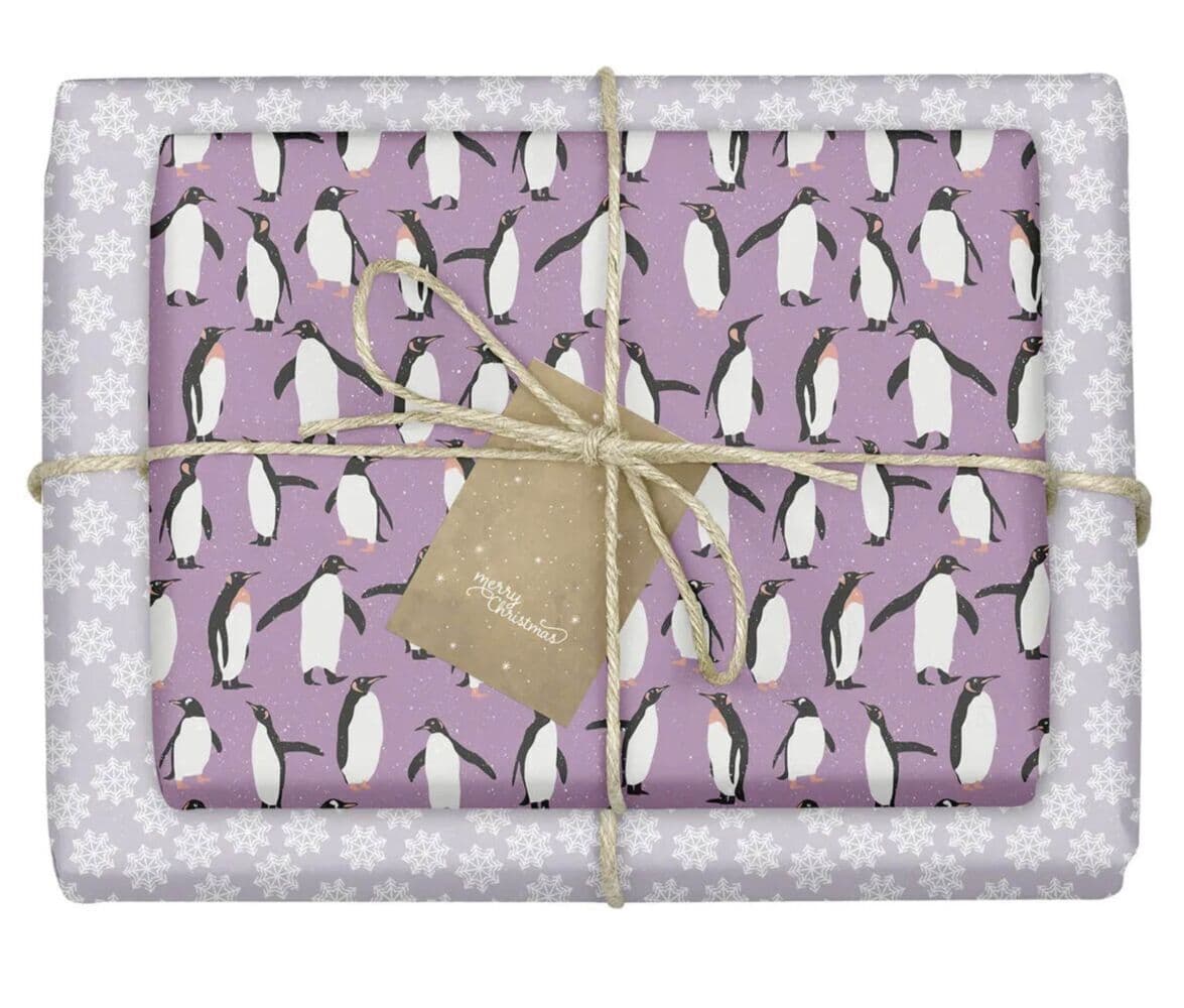 Geschenkpapier Set Weihnachten: Pinguine (lila, weiß) für Kinder