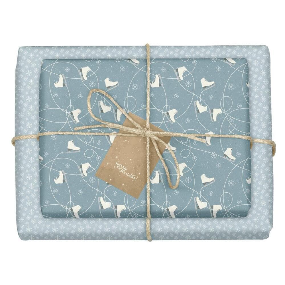 Geschenkpapier Set Weihnachten: Schlittschuhe (blau) für Kinder und Erwachsene