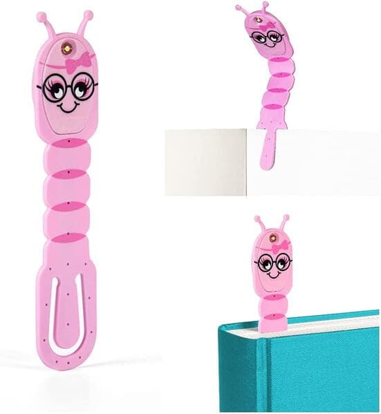 Flexilight Pals Leselicht (Bookworm) | pink | 2 in 1 Leselampe & Lesezeichen | LED Leselicht | Geschenk für Leser, Buchliebhaber | Deutsche Ausgabe