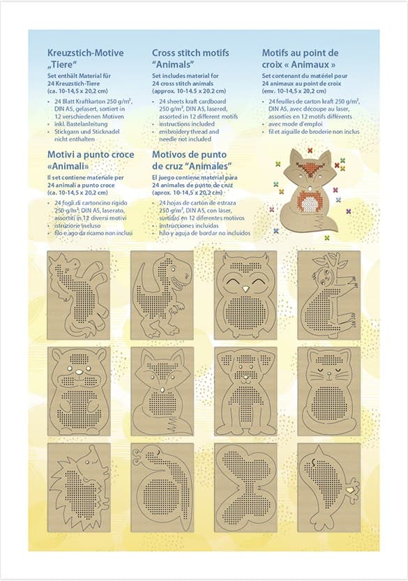 URSUS Sticken Kreuzstich-Motive Tiere, 24 Blatt Kraftkarton, 14,8 x 21 cm, braun