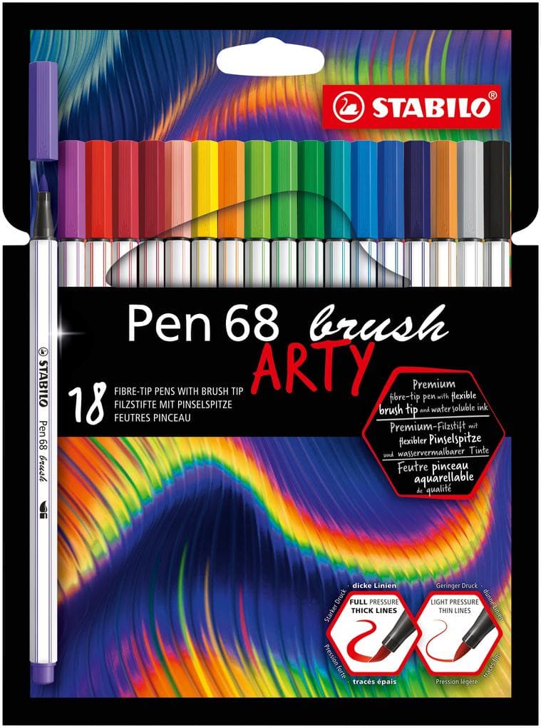 Premium-Filzstift mit Pinselspitze für variable Strichstärken - STABILO Pen 68 brush - ARTY - 18er Pack - mit 18 verschiedenen Farben