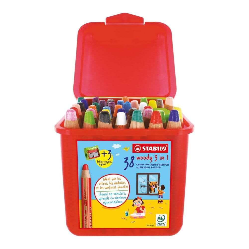 STABILO Buntstifte, Wasserfarbe & Wachsmalkreide woody 3in1, 38er Box und 3 Spitzer mit 13 verschiedenen Farben