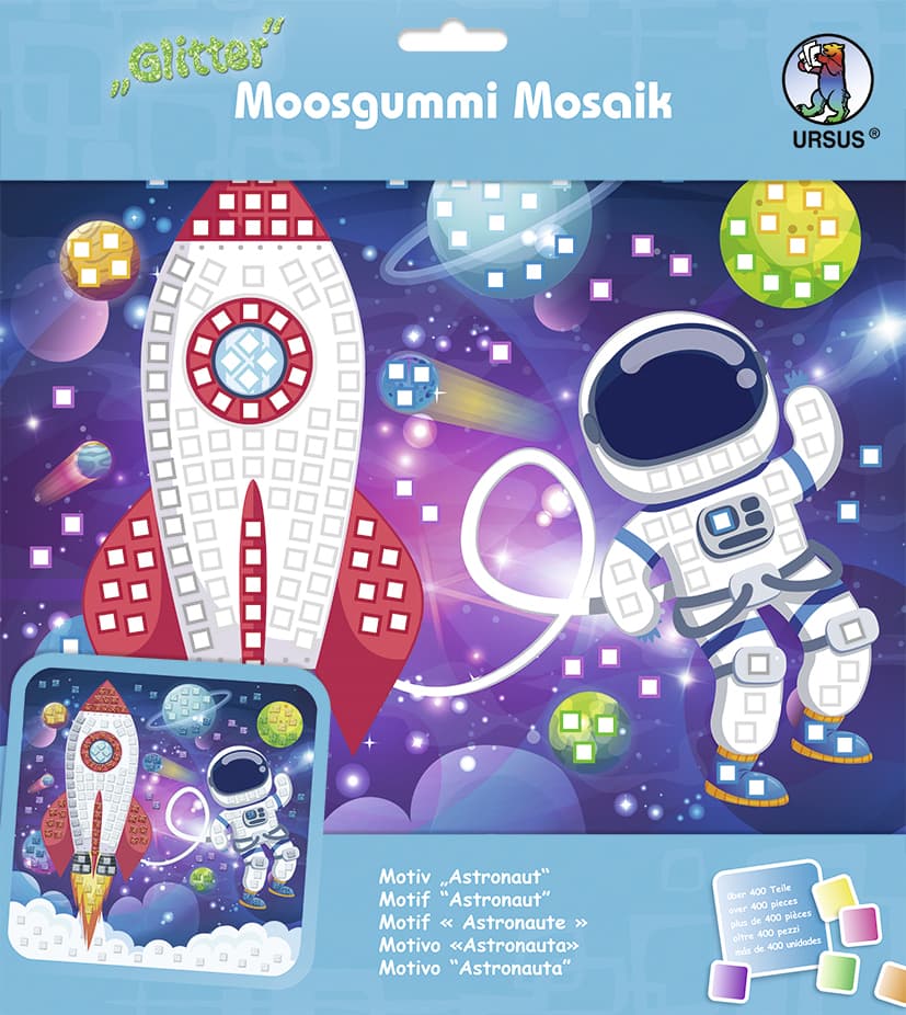 URSUS Kinder-Bastelsets Moosgummi Mosaiken Glitter Astronaut, Bastelset aus Moosgummi-Stickern, ca. 25x25cm