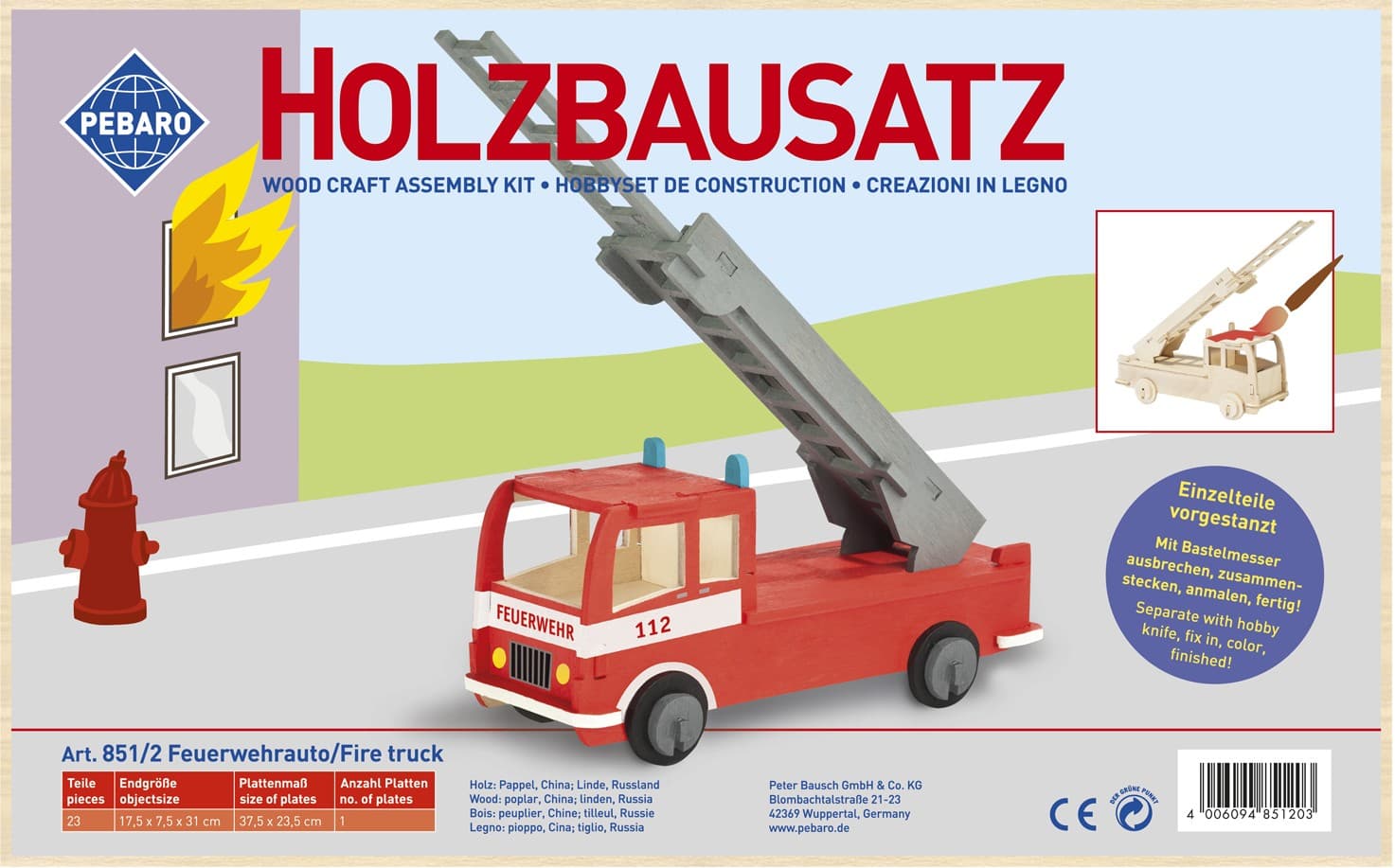 PEBARO 851/2 - Holzbausatz Feuerwehrauto, 23 Teile, Holzkonstruktion zum Zusammenstecken