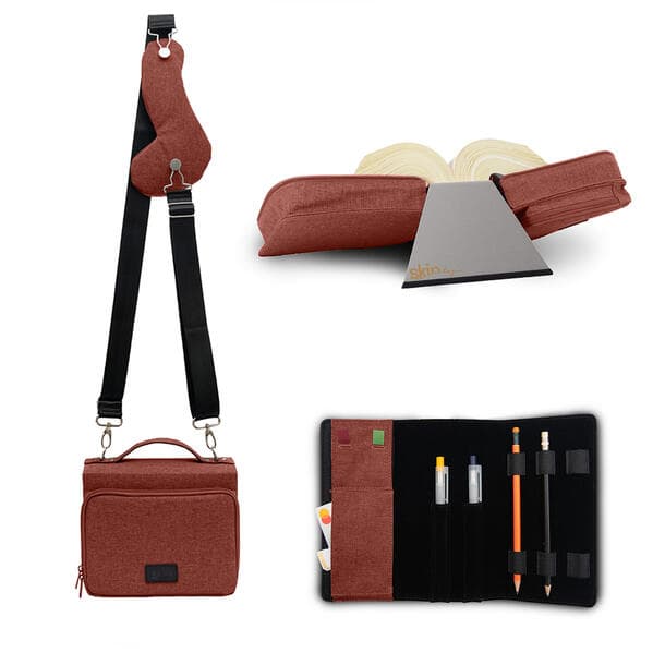 SartoriusSKIN Tasche VEGAN Gr. L in Lachs-Rot mit Tragegurt, Stifte-Etui und Buchstütze