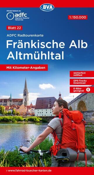 ADFC-Radtourenkarte 22 Fränkische Alb Altmühltal 1:150.000, reiß- und wetterfest, E-Bike geeignet, GPS-Tracks Download, mit Bett+Bike Symbolen, mit Kilometer-Angaben