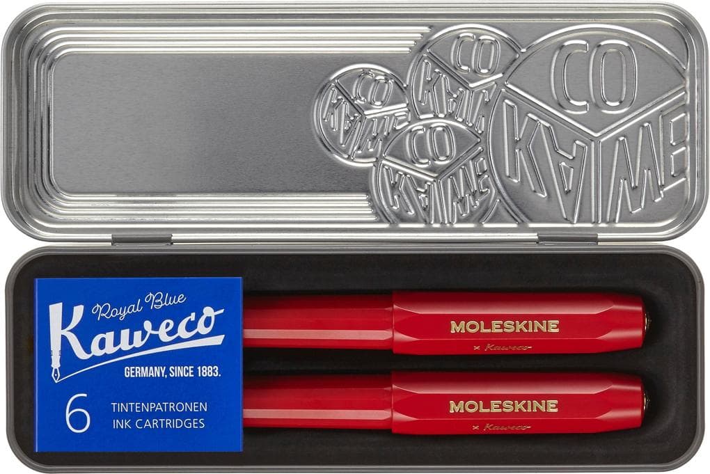 Moleskine Kaweco Ballpoint and Foutain Pen Set, Red, Medium Point and Medium Nib (0.7 MM), Blue Ink