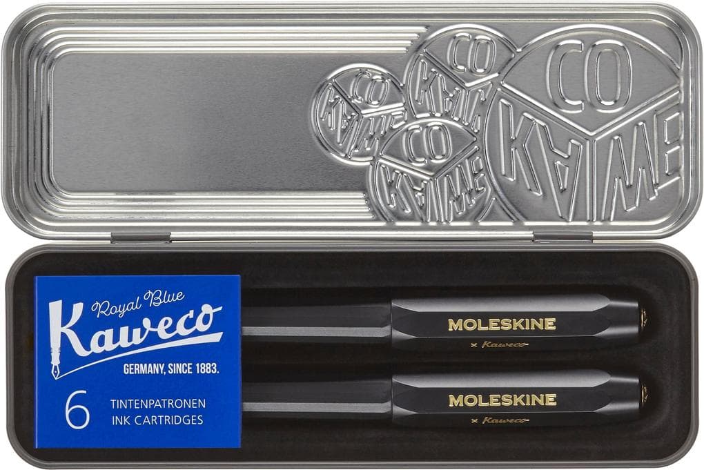 Moleskine Kaweco Ballpoint and Foutain Pen Set, Black, Medium Point and Medium Nib (0.7 MM), Blue Ink
