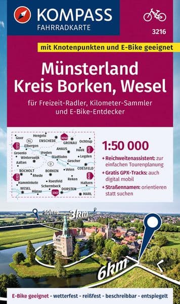 KOMPASS Fahrradkarte 3216 Münsterland, Kreis Borken, Wesel mit Knotenpunkten 1:50.000