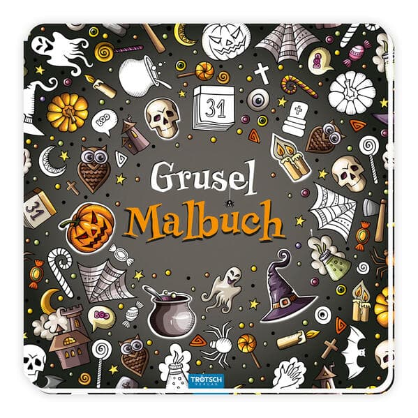 TRÖTSCH - Gruselmalbuch mit Stickern | Halloween Malbuch mit süßen Gruselmotiven, Stickern und Baste