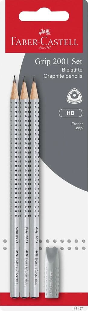 Faber-Castell Bleistift GRIP 2001 HB 3er Set + Radierer