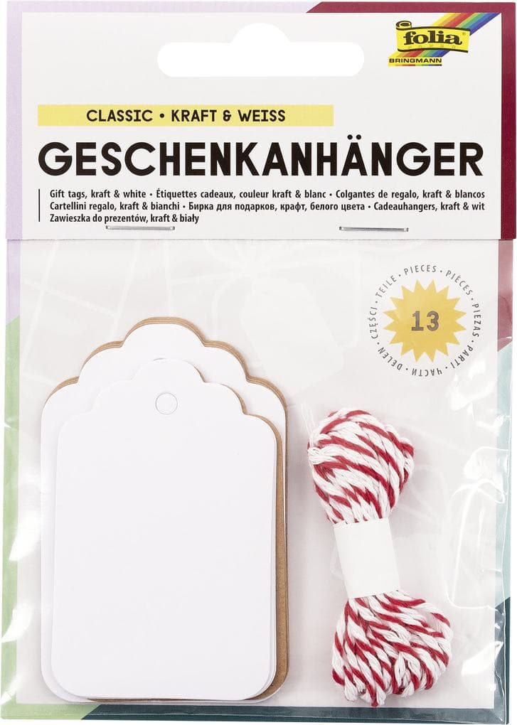 Folia Geschenkanhänger CLASSIC, kraft & weiß, 12 Stück inkl. 2m Schnur