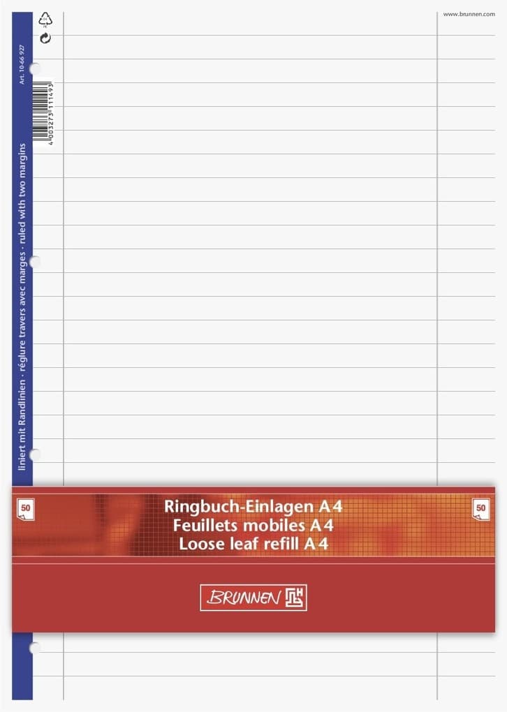 Brunnen Ringbucheinlagen A4, liniert, mit Randlinien, Lineatur 27, 50 Blatt