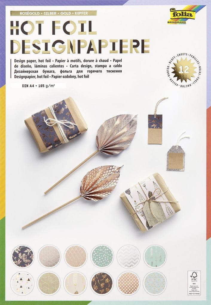 Folia Designpapierblock HOTFOIL 165g/m², DIN A4, 12 Blatt, 12 Motive