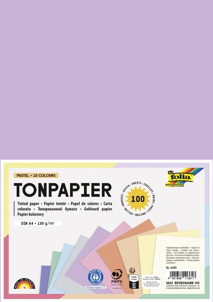 Folia Tonpapier PASTELL, DIN A4, 100 Blatt in 10 Farben sortiert