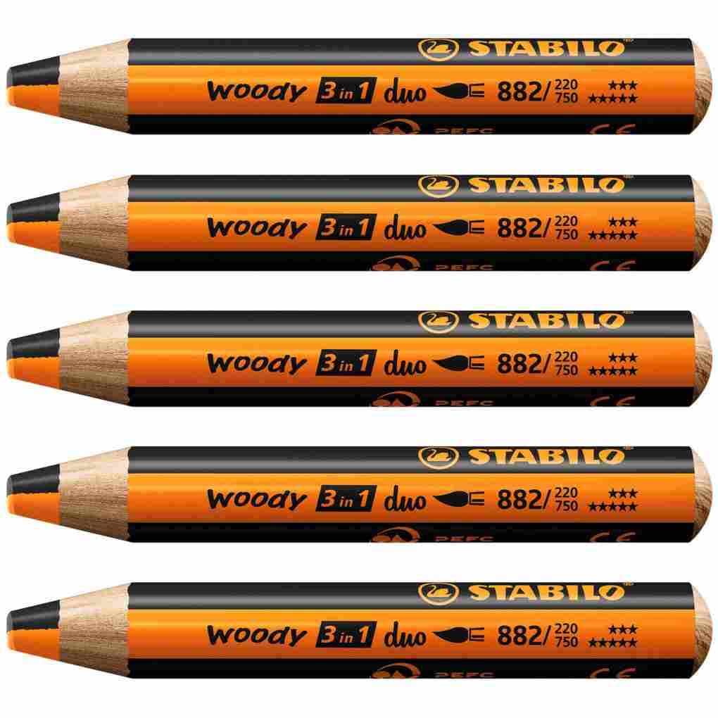 STABILO woody 3 in 1 duo - zweifarbige Mine, 5er Set orange/schwarz