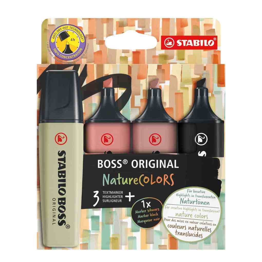 STABILO BOSS ORIGINAL NatureCOLORS, 4er Set schlammgrün, siena, umbra, schwarz