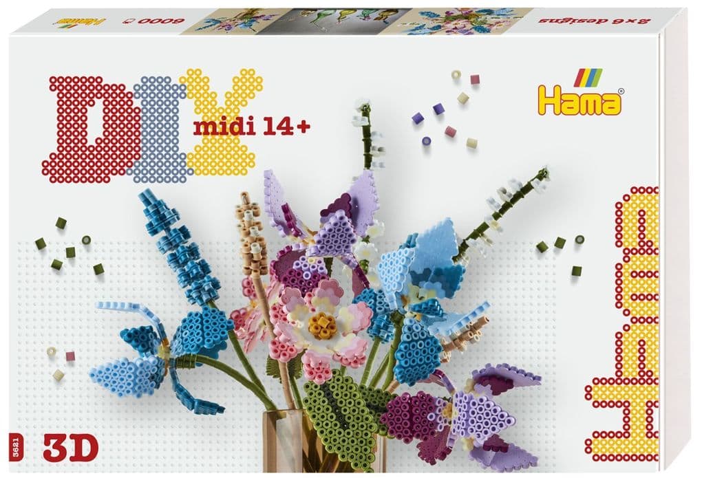 Hama 3621 - DIY Bügelperlen Midi 14+, Geschenkbox mit Motivvorlage Blumenstrauß, Blumen mit 3D Effekt, ca. 6.000 Bügelperlen und Zubehör