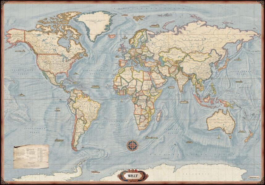 freytag & berndt Poster Weltkarte: Aktuelle Karte in historischem Stil, metallbestäbt 1:20 Mio.