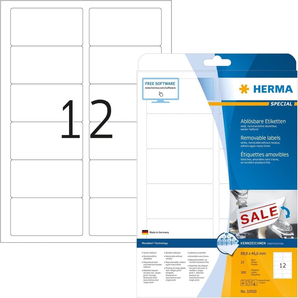 Herma Etiketten A4 20mm rechteckig 88,9x46,6, 25 Blatt, 300 Stück