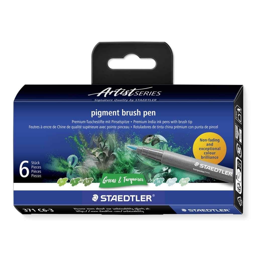 STAEDTLER Schreib- und Zeichbedarf pigment brush pen Greens&Turquoises, 6er Set
