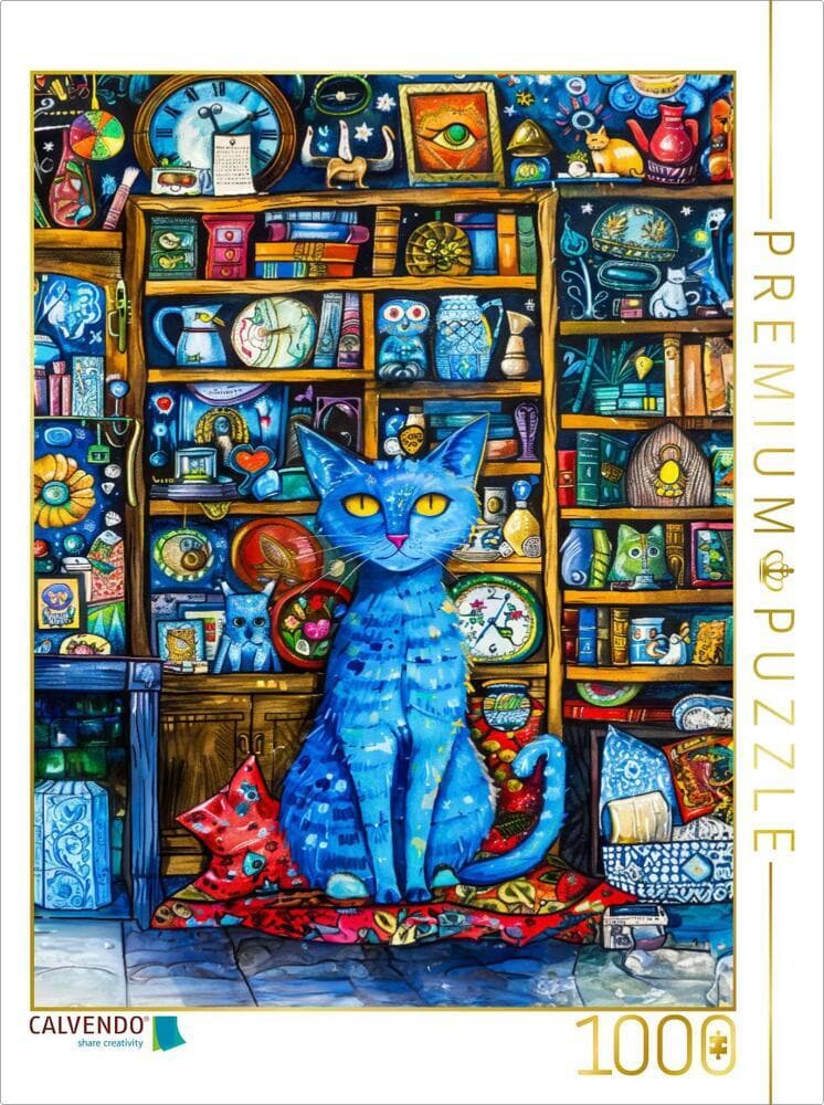 CALVENDO Puzzle Katze sitzt auf Kissen in Bibliothek | 1000 Teile Lege-Größe 64x48cm Foto-Puzzle für glückliche Stunden