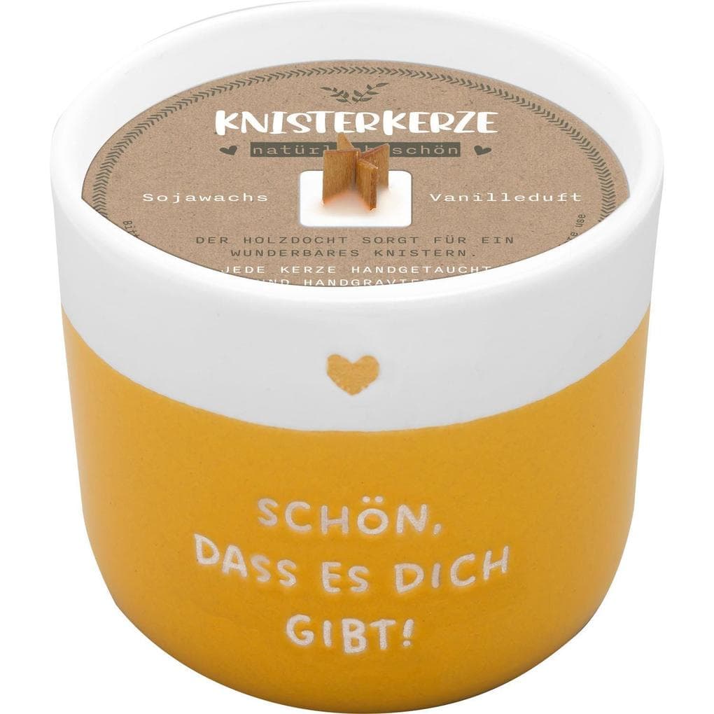 Kerze mit Gravur "Schön, dass es dich gibt": Kerze im Becher, mit Holzdocht