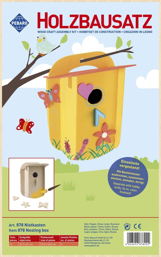 PEBARO 878 - Holzbausatz Nistkasten, 16 Teile, Holzkonstruktion zum Zusammenstecken
