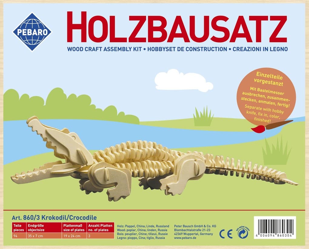 PEBARO 860/3 - Holzbausatz Krokodil, 94 Teile, Holzkonstruktion zum Zusammenstecken