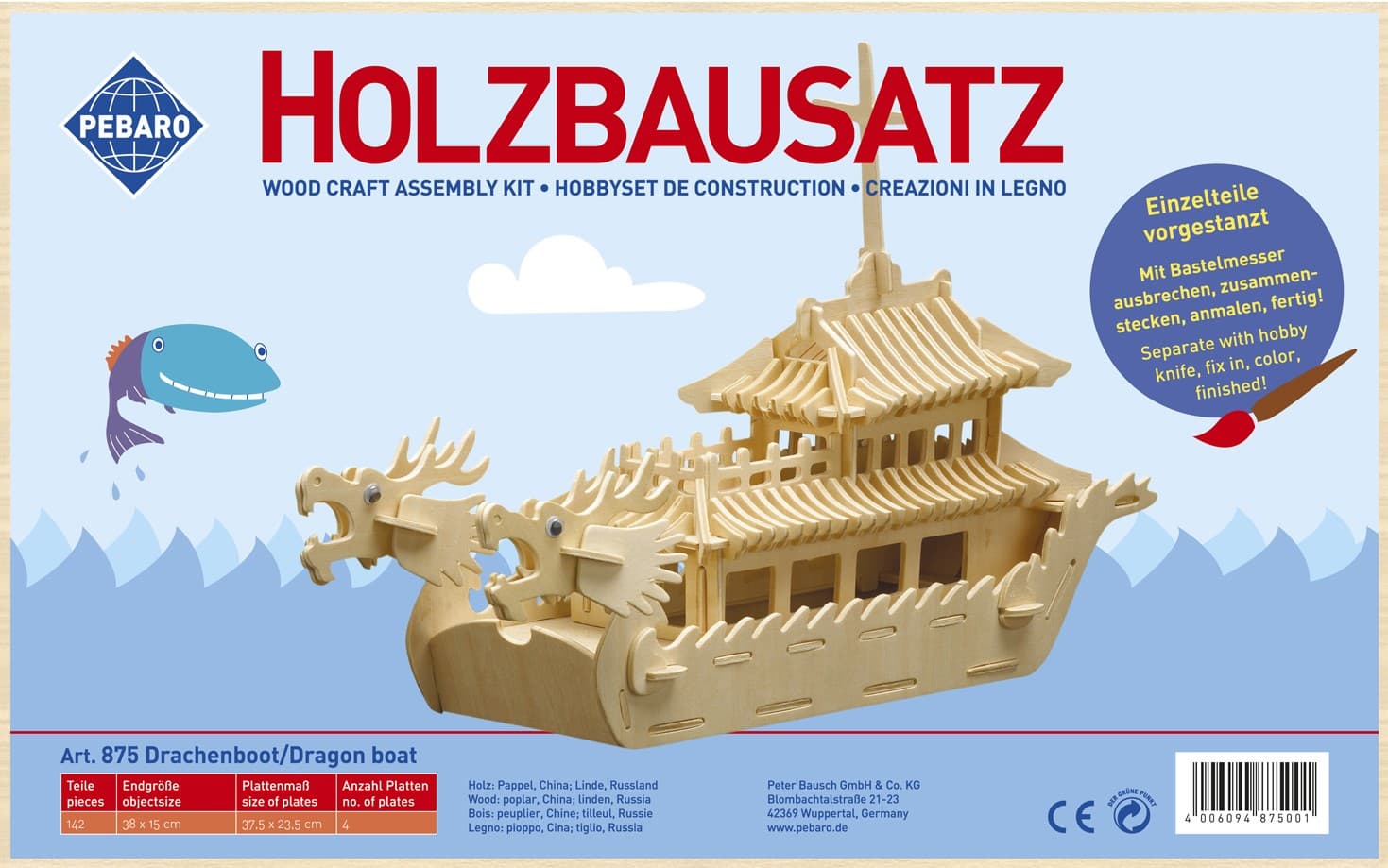 PEBARO 875 - Holzbausatz Drachenboot, 142 Teile, Holzkonstruktion zum Zusammenstecken